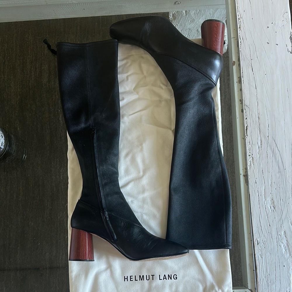 Helmut Lang Black Knee-High Boots with Brown Block Heel